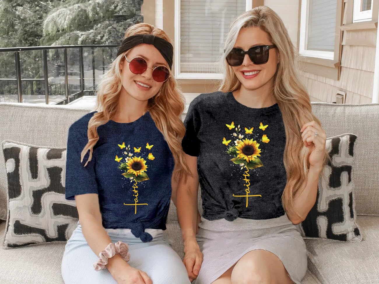 ▶Camisa cristiana para mujer, diseño de girasol, con versículo bíblico, camisetas inspiradoras, Azul, Small