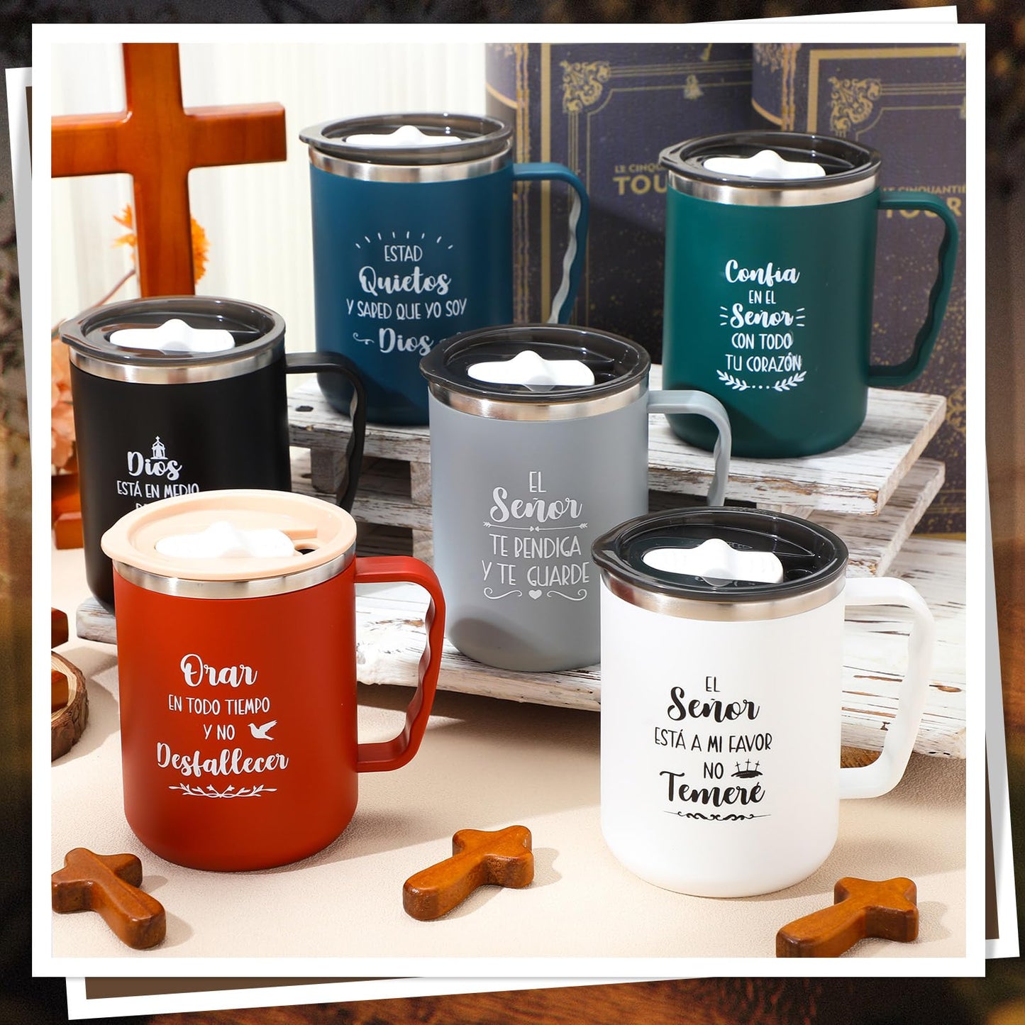 ▶ Juego de 6 tazas de café cristianas españolas de 17 onzas con tapa y pajita, versículo bíblico religioso, regalos cristianos, en inglés, para amigos españoles, hombres y mujeres