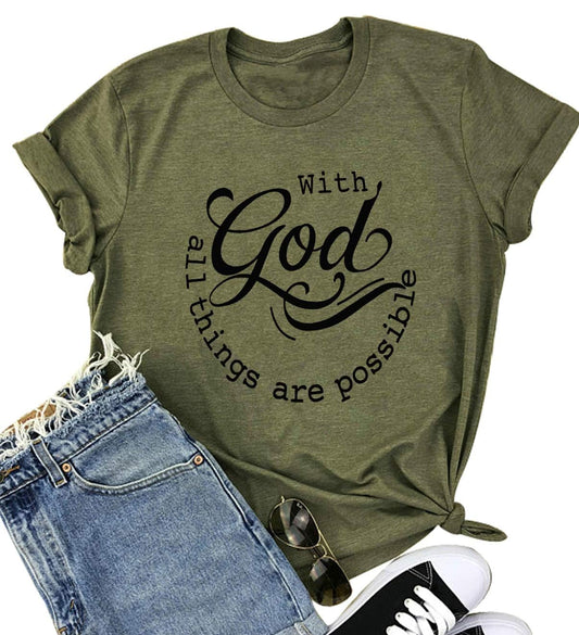 ▶ Camiseta para mujer con Dios Todas las Cosas son Possible, camiseta de Fe Sayings Cristiano Verano Jesús Gráfico Camiseta Casual, Verde ejército, XL