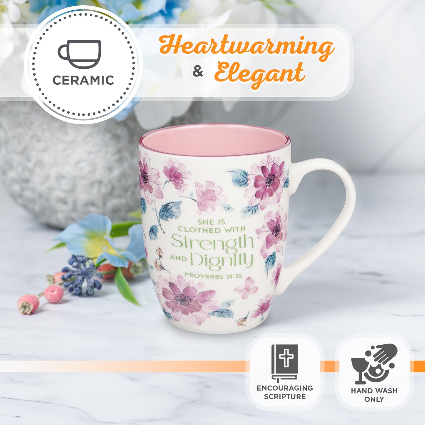 ▶ Christian Art Gifts - Taza de cerámica para café y té para mujer: fuerza y dignidad, proverbios 31:25, versículo bíblico inspirador, floral, rosa, 12 onzas, MUG1063