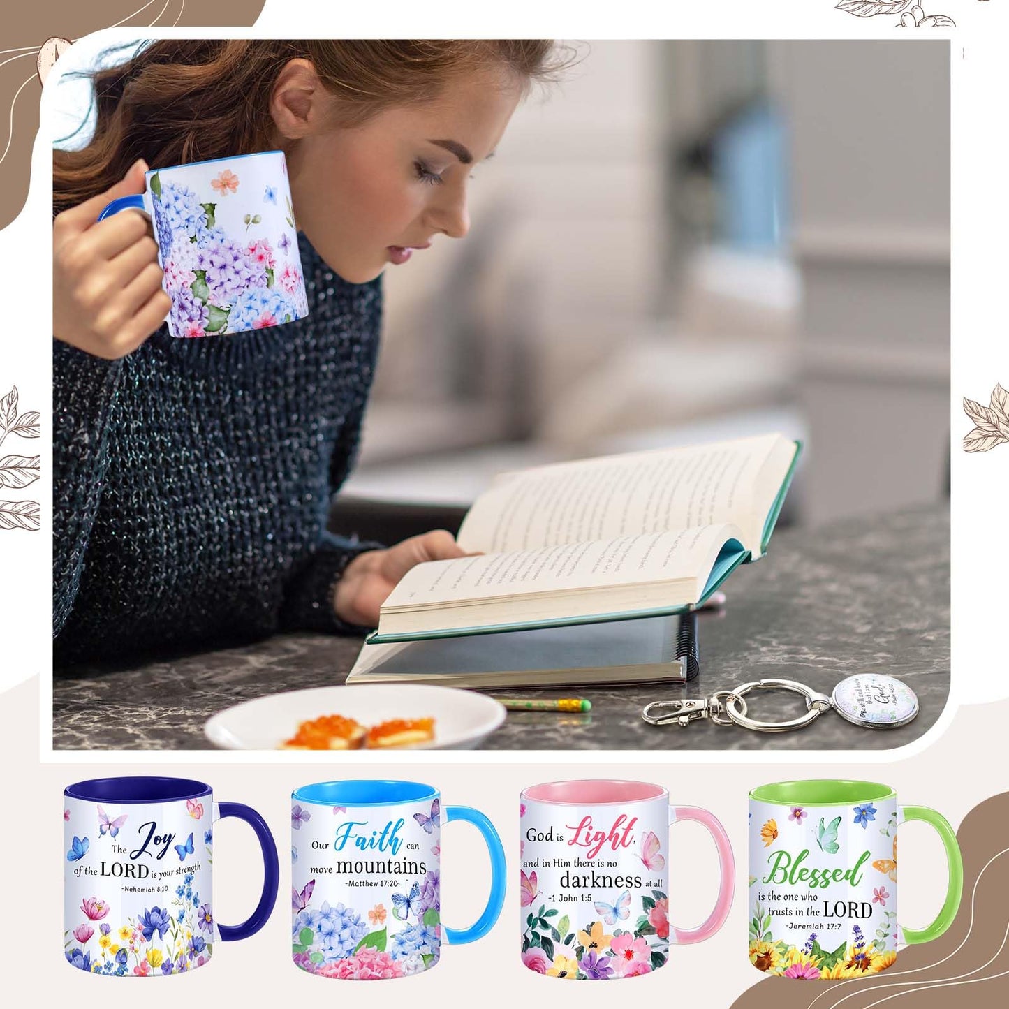 ▶ Juego de 4 tazas de café de cerámica para mujeres con versículo bíblico, juego de tazas de té cristianas, regalos inspiradores, diseño de flores de acuarela