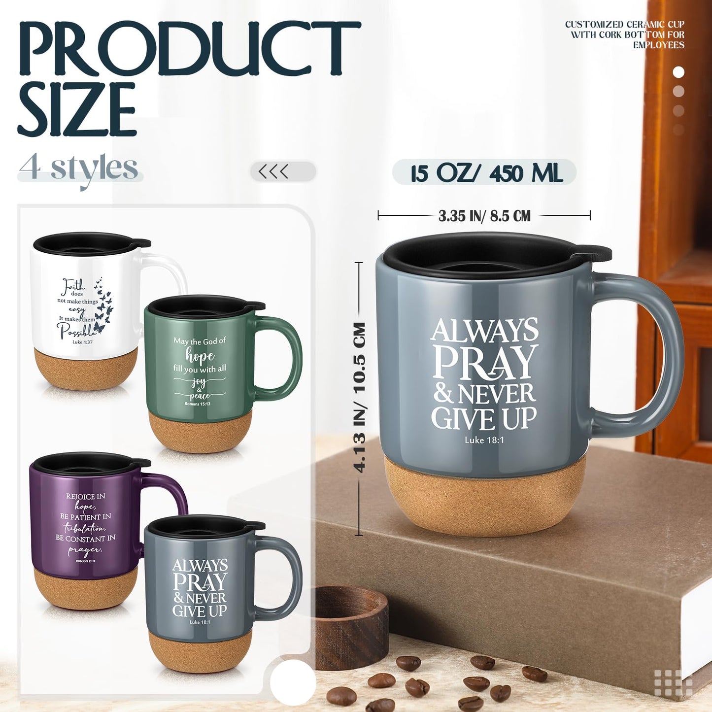 ▶ 4 tazas de café cristianas para pastor, regalo de agradecimiento para iglesia, mujeres y hombres, versos bíblicos a granel, taza inspiradora religiosa con parte inferior de corcho, para