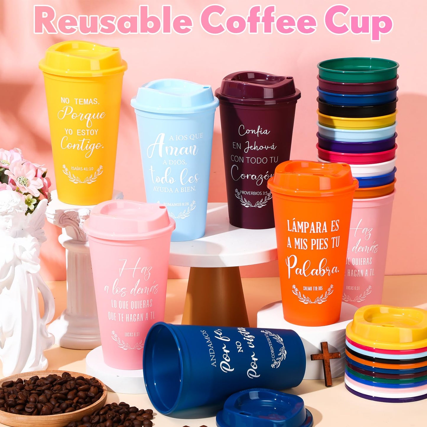 ▶ Tazas de café cristianas españolas de 16 onzas, reutilizables con versículo bíblico, vasos de plástico a granel con tapas, taza de viaje para el regreso a la escuela, regalos para profesores