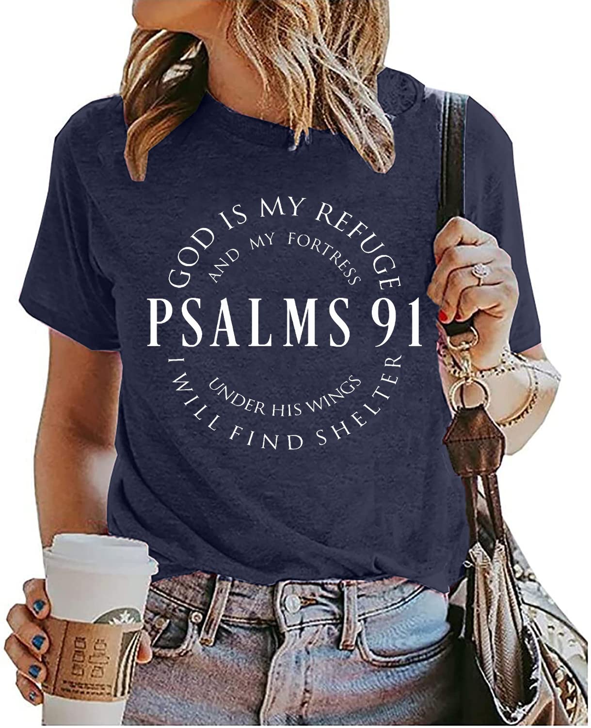 ▶Psalms 91 - playera de manga corta con estampado de letras divertidas y cristianas religiosas, camisetas de manga corta, Azul, XXL