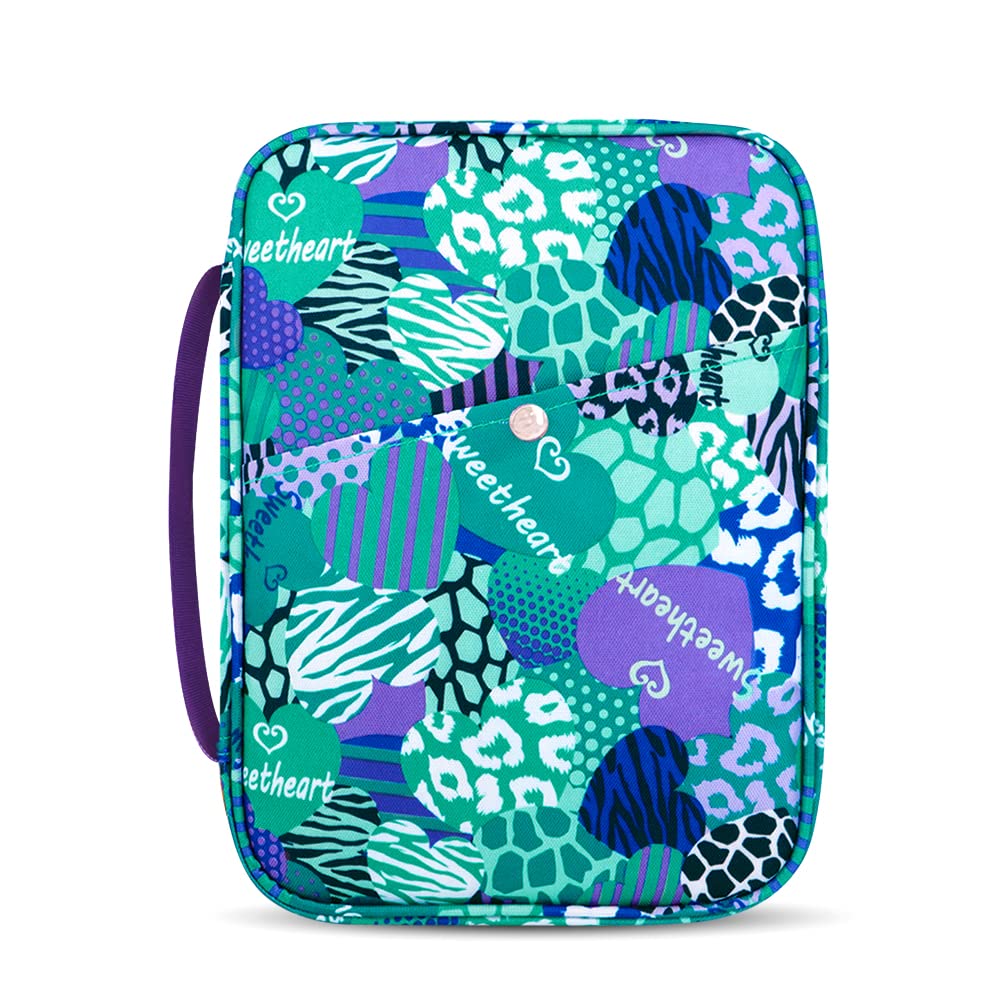 QTKJ Fundas de la Biblia de Corazón Azul para Mujer con Asa de Transporte, Funda de Libro con Bolsillo con Cremallera Cubierta de la Biblia para Mamá, Damas Adolescentes, Niñas y Patrón Floral