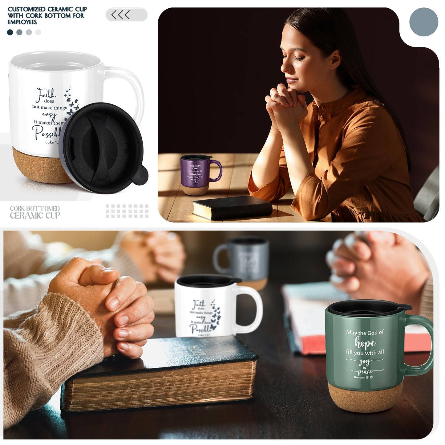 ▶ 4 tazas de café cristianas para pastor, regalo de agradecimiento para iglesia, mujeres y hombres, versos bíblicos a granel, taza inspiradora religiosa con parte inferior de corcho, para