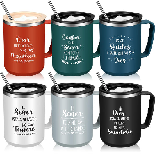 ▶ Juego de 6 tazas de café cristianas españolas de 17 onzas con tapa y pajita, versículo bíblico religioso, regalos cristianos, en inglés, para amigos españoles, hombres y mujeres