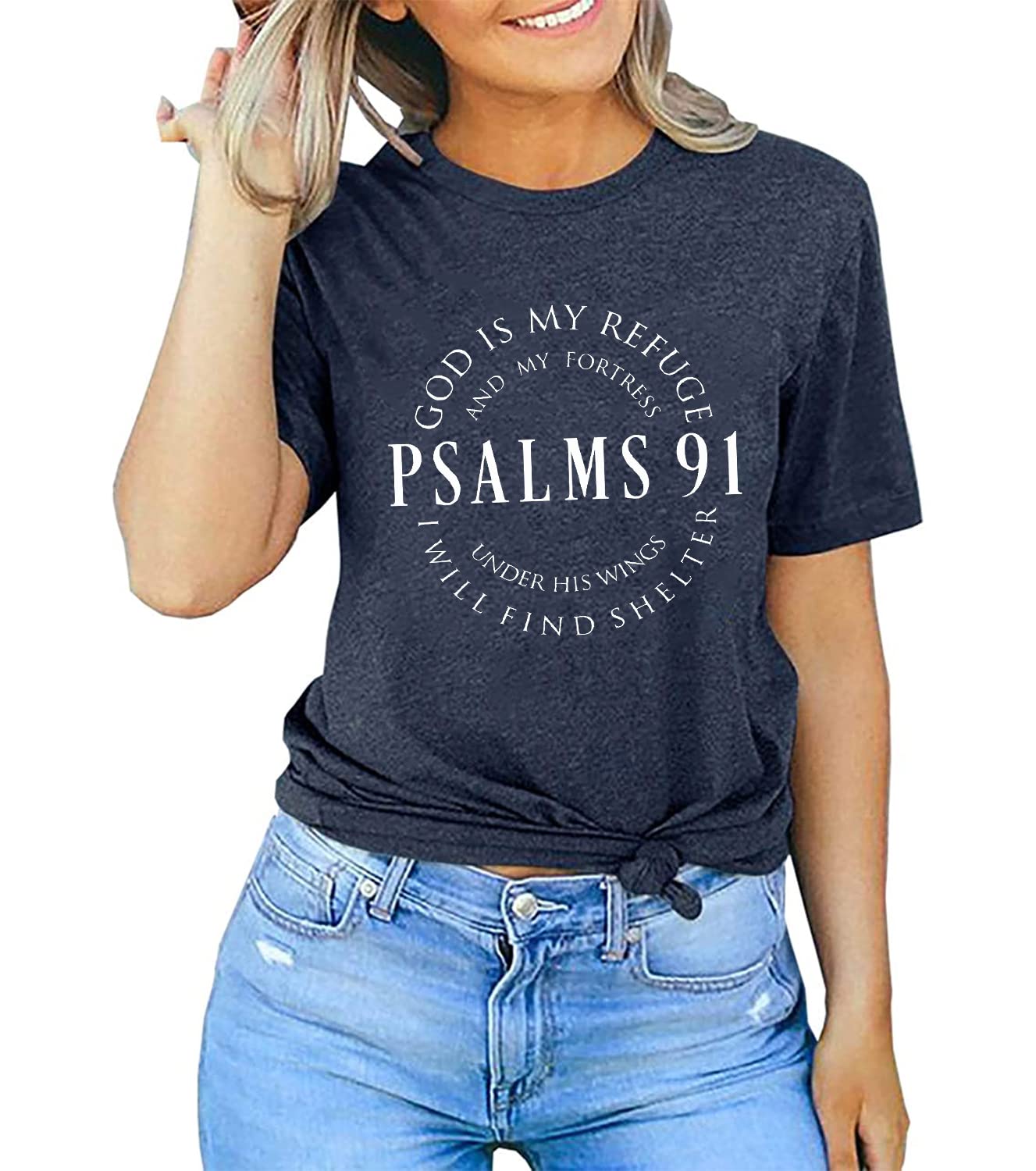 ▶Psalms 91 - playera de manga corta con estampado de letras divertidas y cristianas religiosas, camisetas de manga corta, Azul, XXL