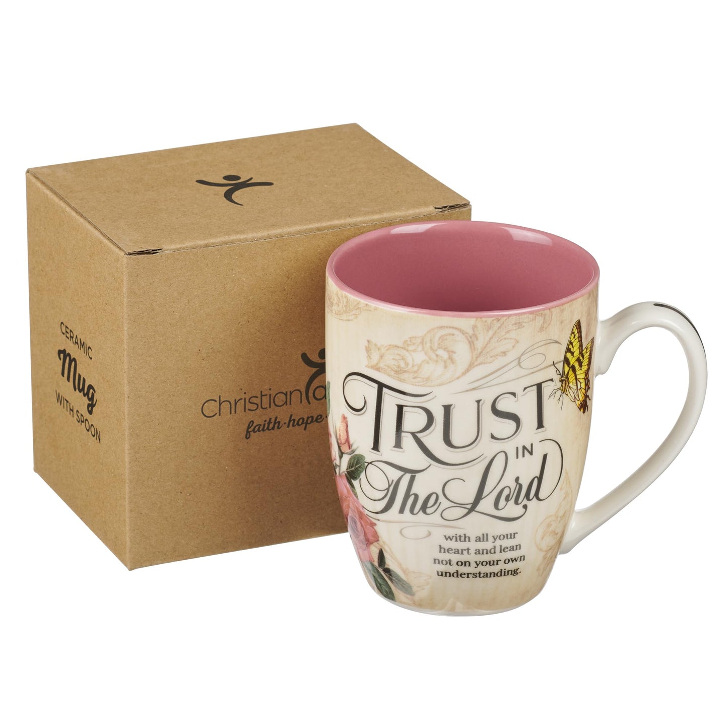 ▶ Taza de café de cerámica con mariposas amarillas y rosas – 12 onzas sin plomo inspiradoras escrituras para mujeres con versículo bíblico: Trust in the Lord – Proverbios 3:5