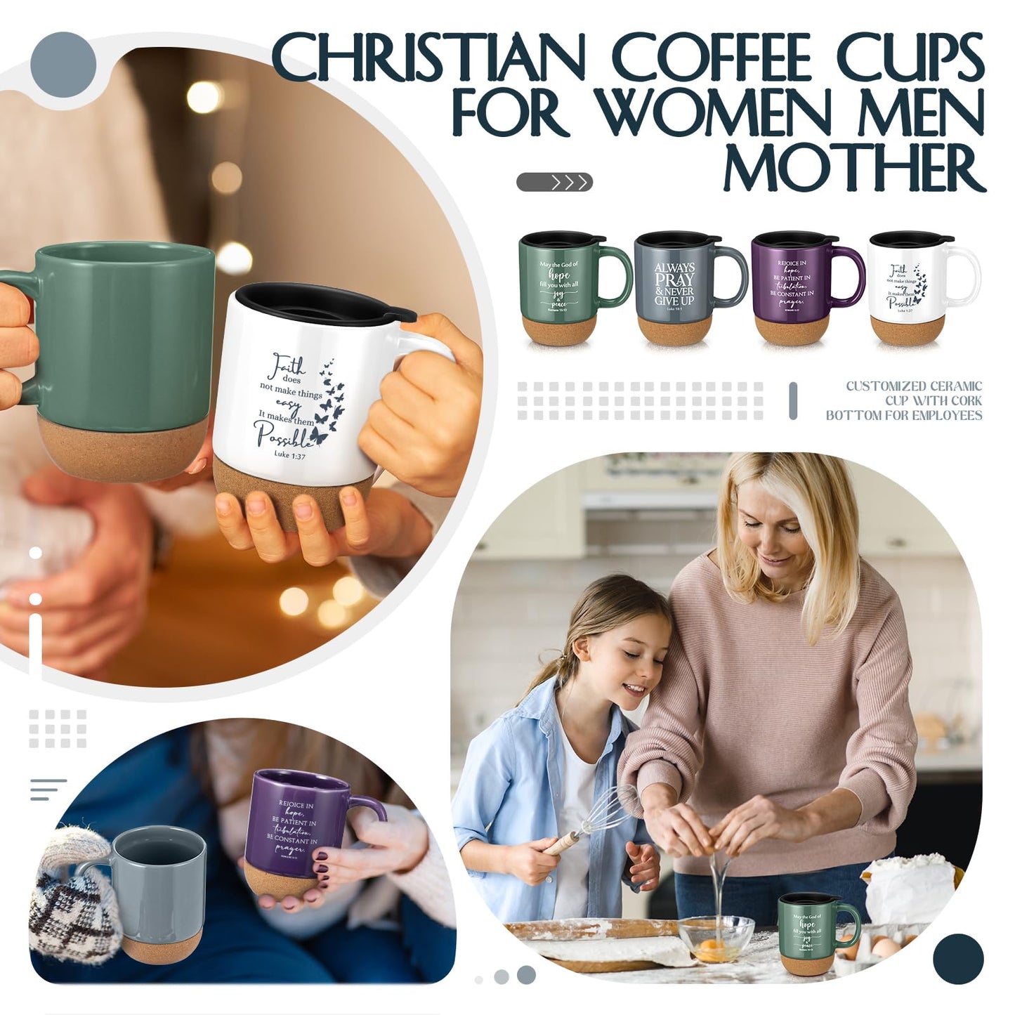 ▶ 4 tazas de café cristianas para pastor, regalo de agradecimiento para iglesia, mujeres y hombres, versos bíblicos a granel, taza inspiradora religiosa con parte inferior de corcho, para