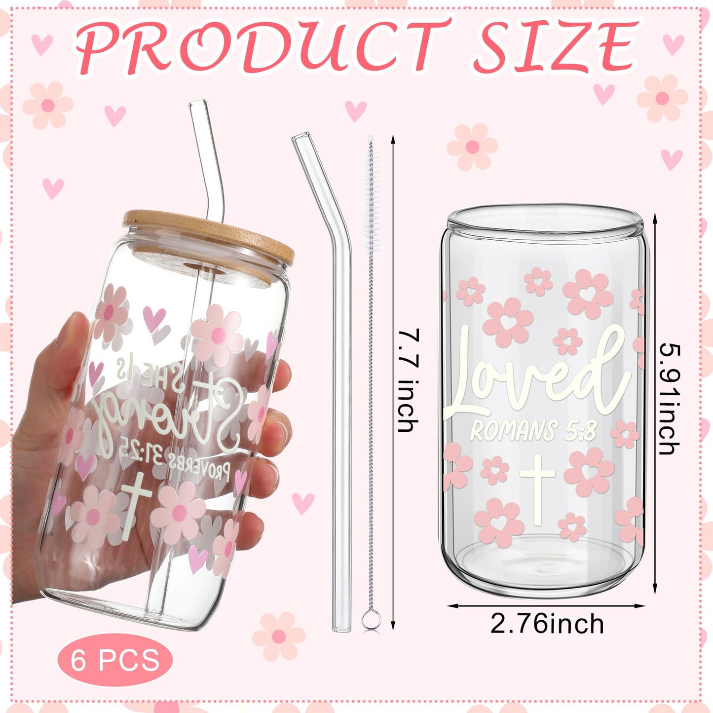 ▶ Juego de 6 tazas de café con texto cristiano de flores de 16 onzas, color rosa pastel, versículo de la Biblia, bonito vaso de café helado con tapa de bambú, para la escuela dominical y