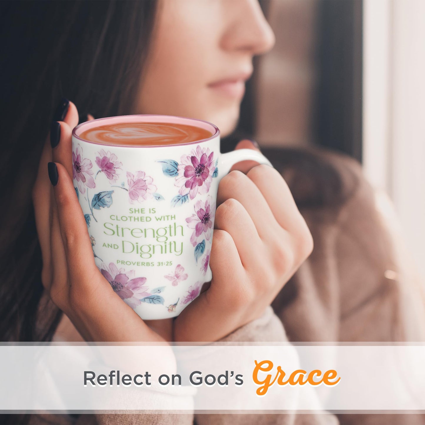 ▶ Christian Art Gifts - Taza de cerámica para café y té para mujer: fuerza y dignidad, proverbios 31:25, versículo bíblico inspirador, floral, rosa, 12 onzas, MUG1063