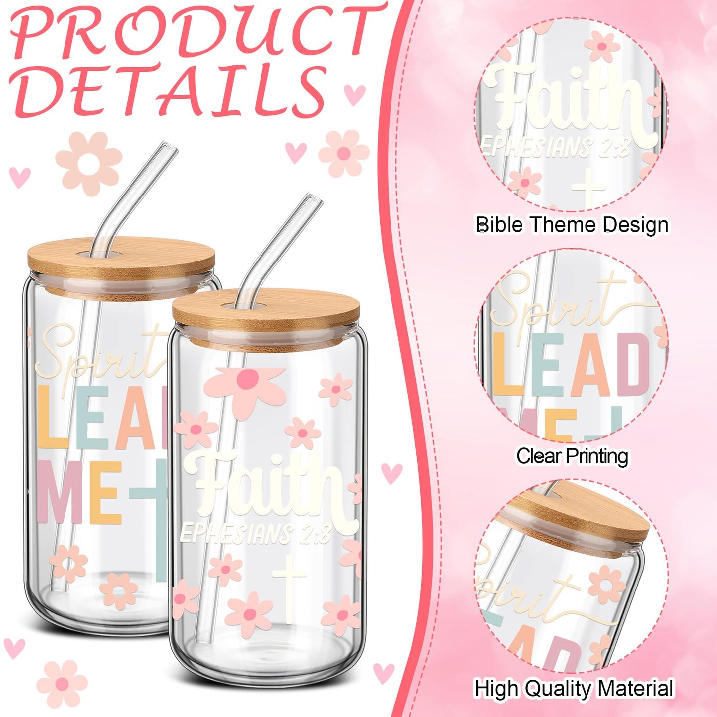 ▶ Juego de 6 tazas de café con texto cristiano de flores de 16 onzas, color rosa pastel, versículo de la Biblia, bonito vaso de café helado con tapa de bambú, para la escuela dominical y