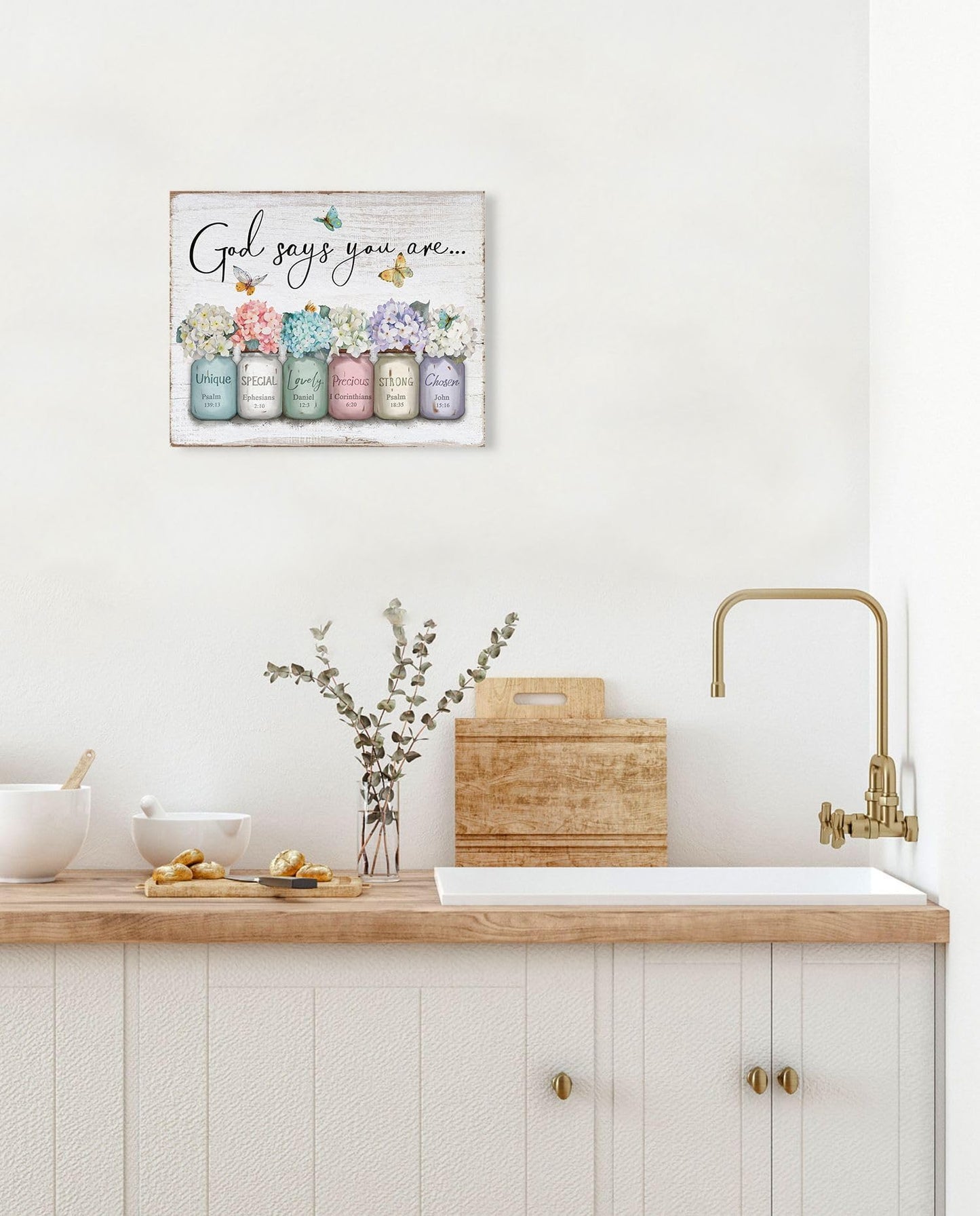 ▶ Arte de pared inspirador versículo bíblico: Dios dice que eres refranes de pared, flores en frasco de masón, impresión cristiana, citas, póster para mujeres, niñas, decoración de recámara, 12 x 15