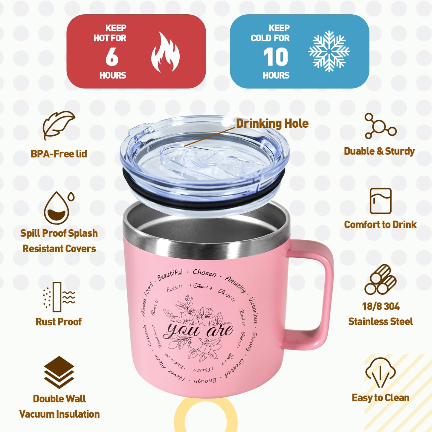 ▶ Regalos cristianos para mujeres, taza de café de 14 onzas, regalos inspiradores, taza de versículo de la Biblia, vaso aislado al aspiradora de acero inoxidable con estampados de flores, aprecia