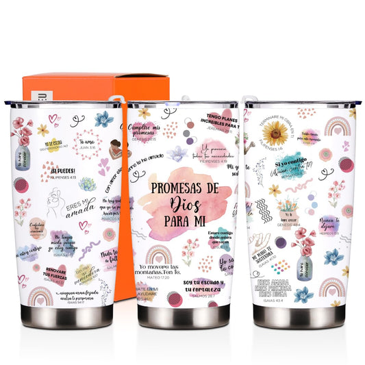 ▶ Vasos cristianos españoles para mujeres, regalos religiosos, vaso de 20 onzas, regalo de agradecimiento para pastor, esposa, taza de viaje aislada para oración, regalo de escritura femenina, taza