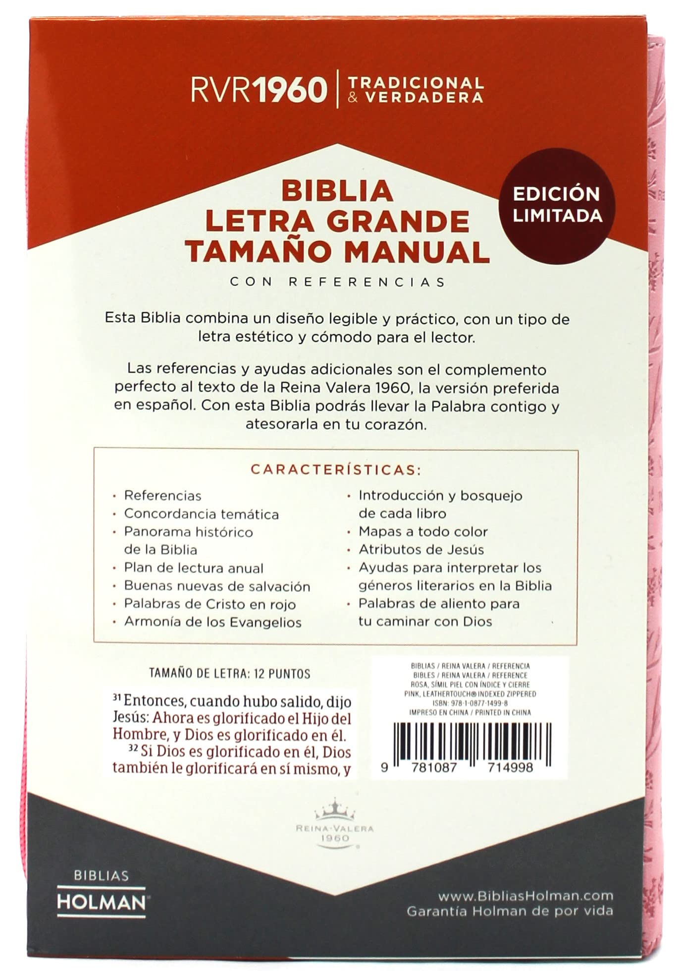 Santa Biblia Reina Valera 1960 Letra Grande tamano manual con Cierre Indice color Rosado Floral/ Spanish Holy Bible RVR 1960. Handy Size, Large Print, Zipper, Pink