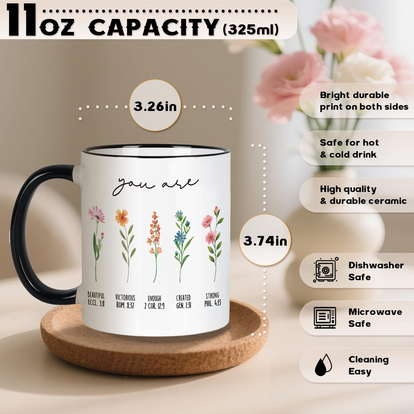 ▶ Regalos cristianos para mujeres, taza cristiana con flores, regalos de cumpleaños para mujeres, regalos inspiradores, religiosos para hermana, amiga, hija, mamá, taza de café cristiano, 11 onzas