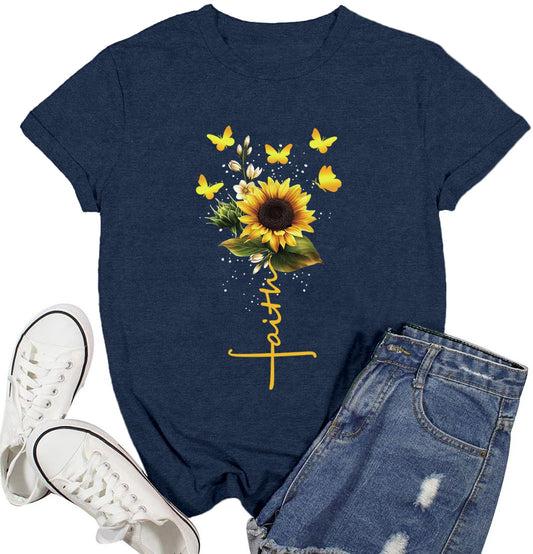 ▶Camisa cristiana para mujer, diseño de girasol, con versículo bíblico, camisetas inspiradoras, Azul, Small