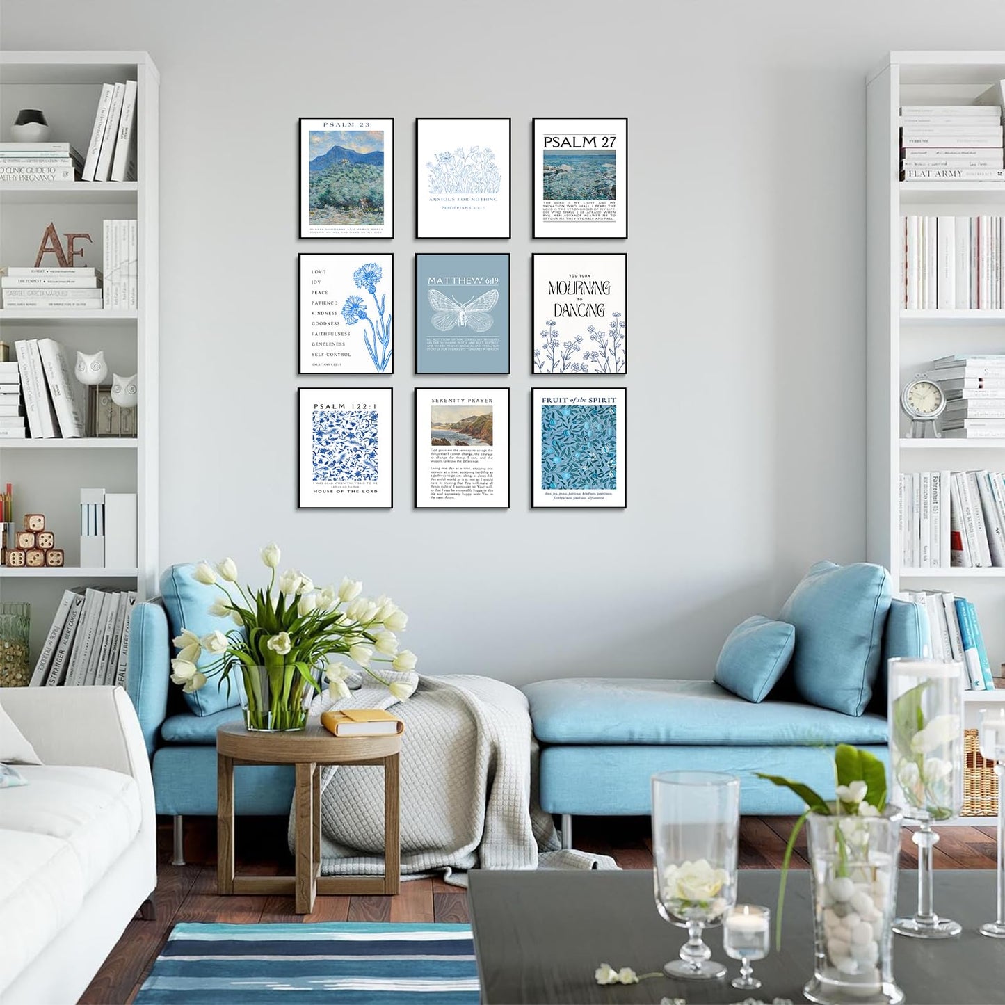 ▶  9 impresiones artísticas de pared con versículos de la Biblia azul cristiano, citas de escritura, carteles clásico, galería religiosa, decoración de pared, imágenes para sala de estar,