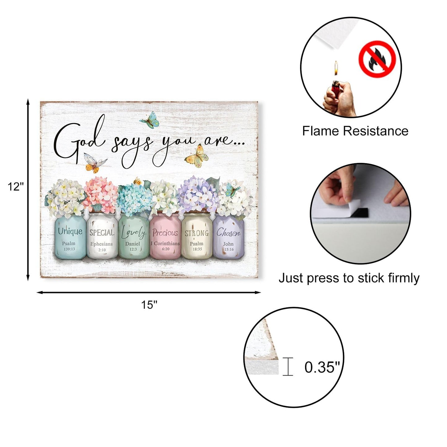 ▶ Arte de pared inspirador versículo bíblico: Dios dice que eres refranes de pared, flores en frasco de masón, impresión cristiana, citas, póster para mujeres, niñas, decoración de recámara, 12 x 15