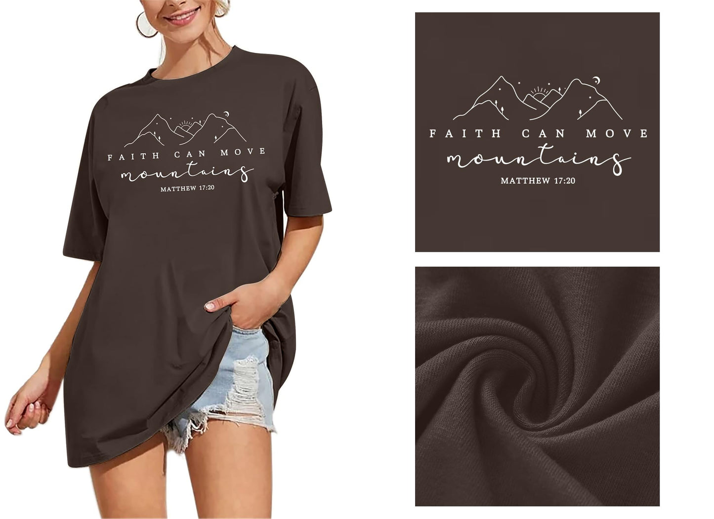 ▶ Camisetas de gran tamaño para mujer, camisas cristianas de fe sobre el miedo, camisetas de Jesús, holgadas, informales, religiosas, marrón (3), Small