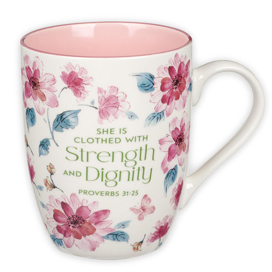 ▶ Christian Art Gifts - Taza de cerámica para café y té para mujer: fuerza y dignidad, proverbios 31:25, versículo bíblico inspirador, floral, rosa, 12 onzas, MUG1063