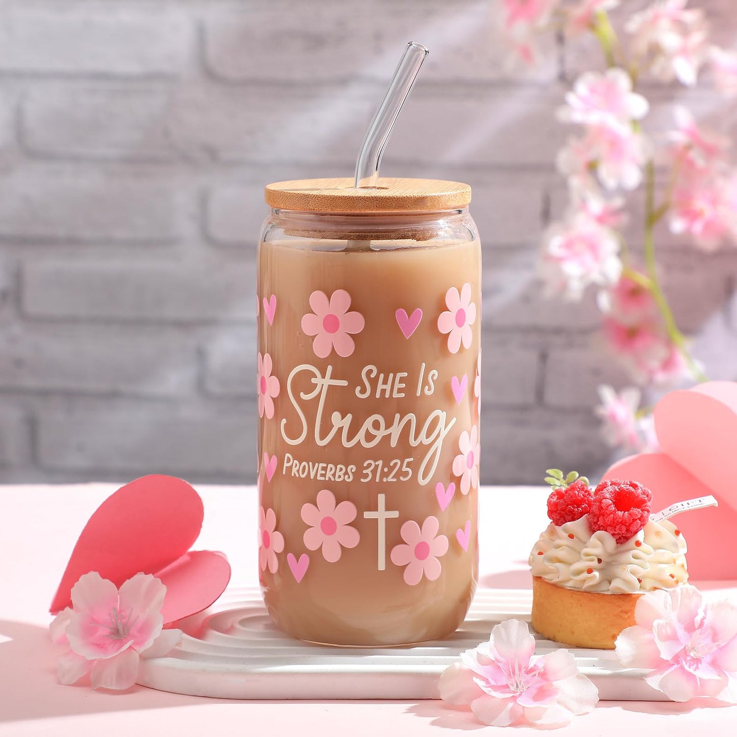 ▶ Juego de 6 tazas de café con texto cristiano de flores de 16 onzas, color rosa pastel, versículo de la Biblia, bonito vaso de café helado con tapa de bambú, para la escuela dominical y