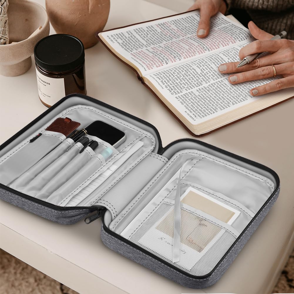 FINPAC - Funda bíblica de tamaño pequeño para libros de estudio de iglesia, funda protectora de la Biblia con asa y bolsillo con cierre para hombres y mujeres, madre y dama, Gris, Gray