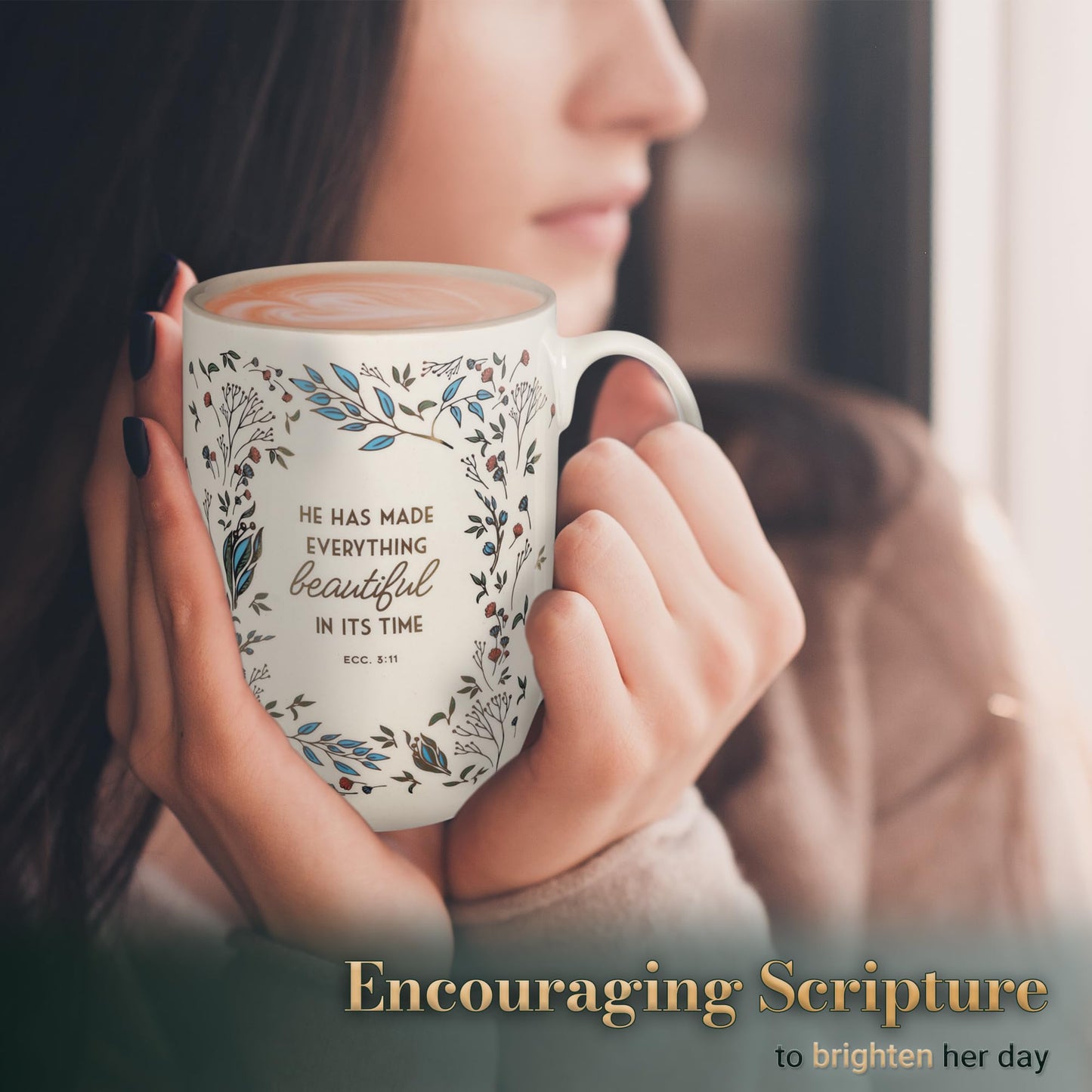 ▶ Taza de cerámica inspiradora grande para mujer, con versículo bíblico, para café y té: todo hermoso y estimulante, sin plomo ni cadmio, color blanco/gris pardo, multicolor floral