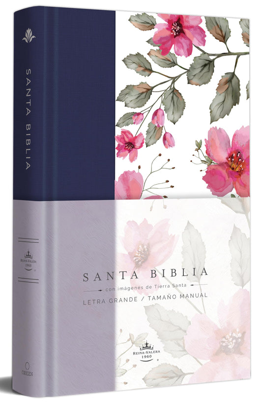 Biblia RVR 1960 letra grande, tela azul con flores tamaño manual (Tapa dura)