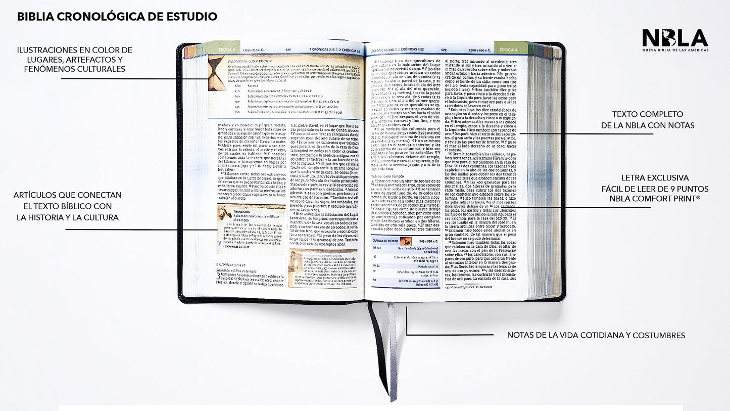 NBLA, Biblia Cronológica de Estudio, Interior a cuatro colores, Leathersoft, Negro, Comfort Print