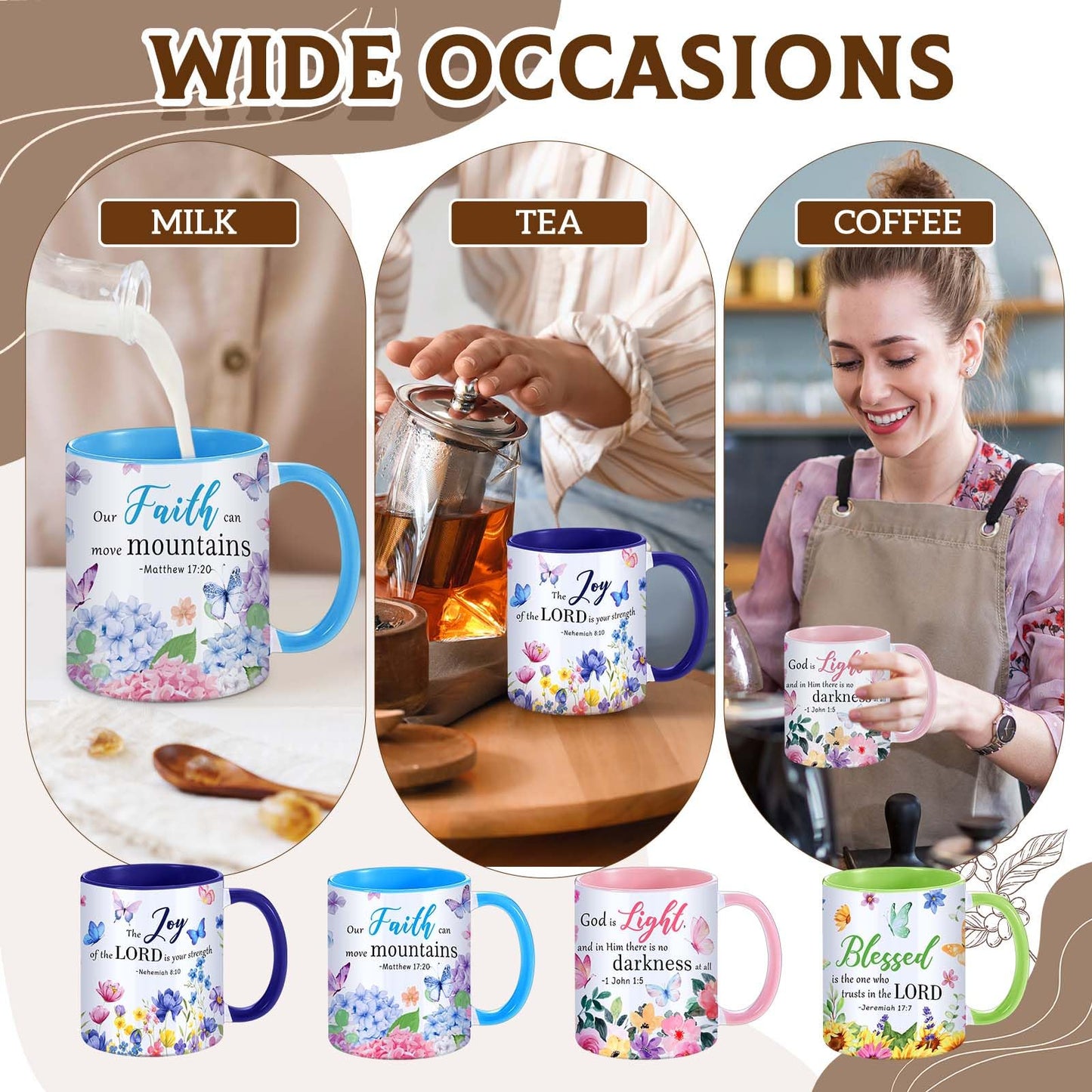 ▶ Juego de 4 tazas de café de cerámica para mujeres con versículo bíblico, juego de tazas de té cristianas, regalos inspiradores, diseño de flores de acuarela
