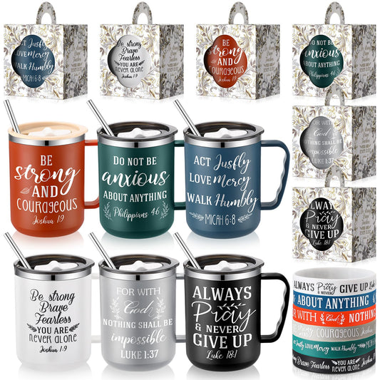 ▶ Juego de 18 tazas de regalo cristiano para mujer, incluye 6 tazas de café cristianas de 17 onzas con tapa, pajita, pulseras de silicona, versículo religioso de la Biblia, regalos para amigos
