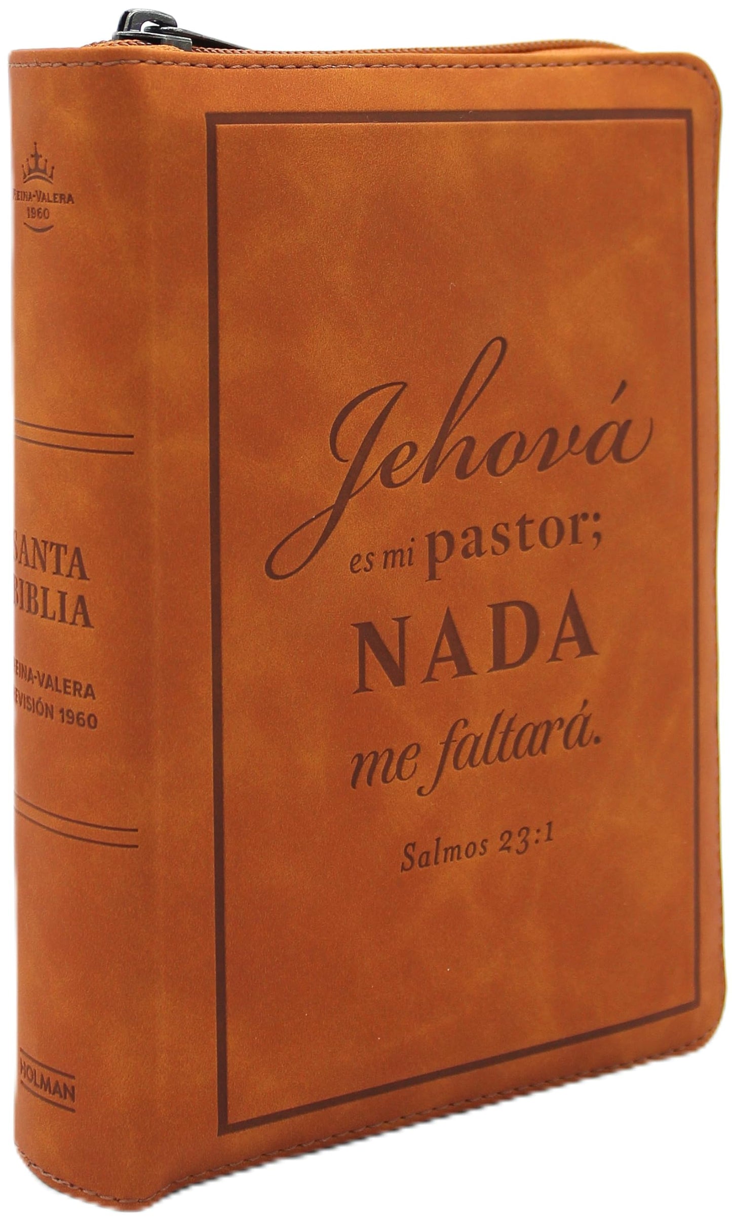 Biblia Reina Valera 1960 Letra Grande, con Cierre, Indice, tamano manual, foro en senti cuero color caramelo "Jehova es mi Pastor" RVR 1960 Large Print Bible in Spanish, brown with zipper