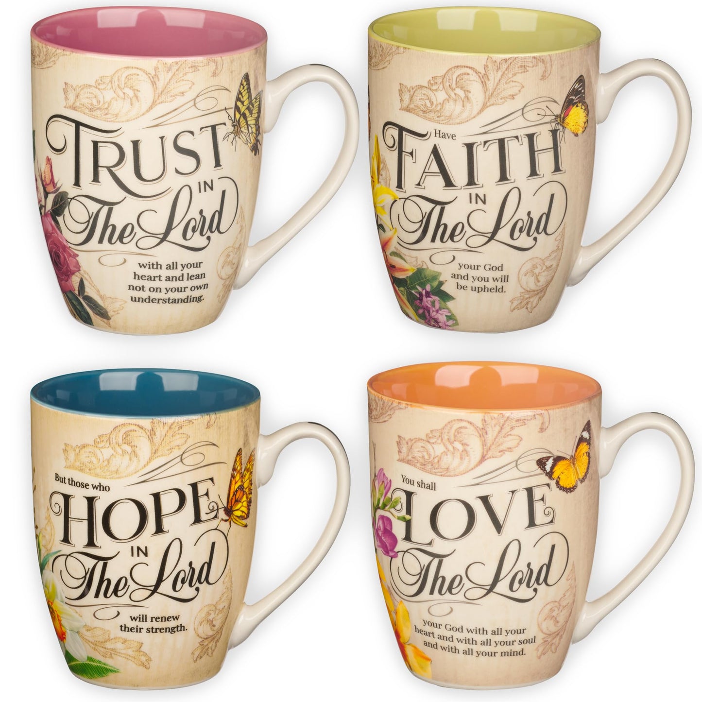 ▶ Juego de tazas de café y té de cerámica floral con texto en inglés "Hope, confianza, fe, amor", 4 tazas de lujo medianas de 12 onzas, con mariposas y versículos de la Biblia,
