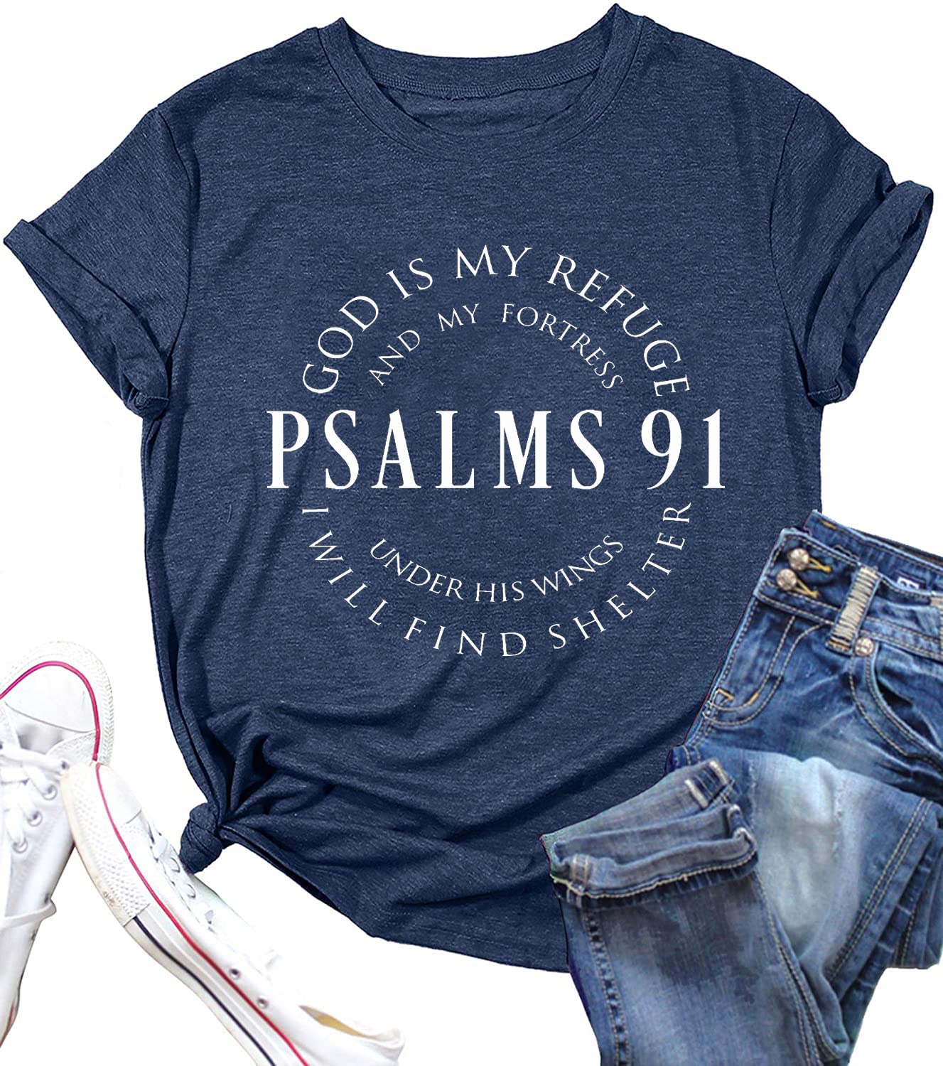 ▶Psalms 91 - playera de manga corta con estampado de letras divertidas y cristianas religiosas, camisetas de manga corta, Azul, XXL