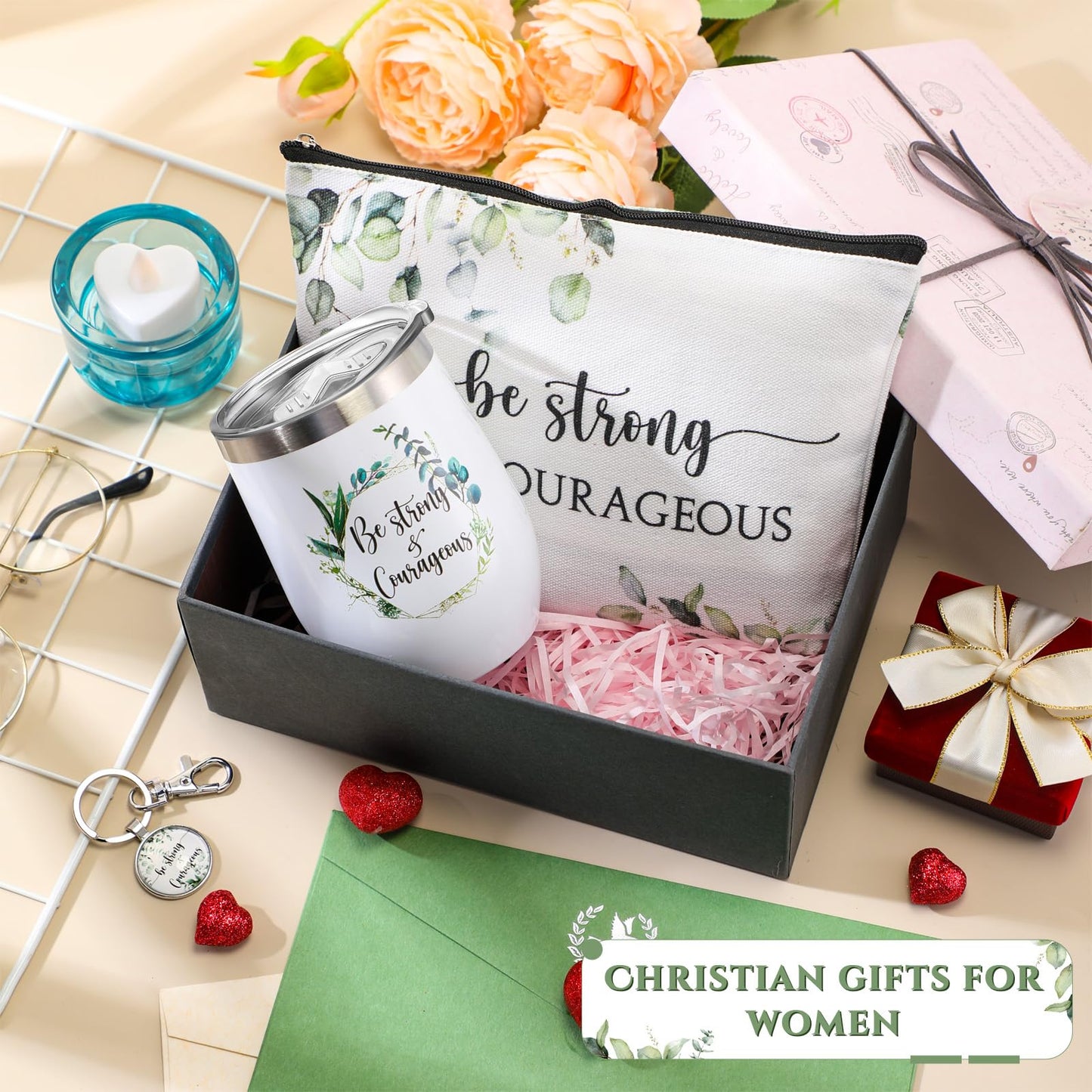 ▶  3 Set Regalos Cristianos para Día de la Madre para Mujer Taza de Café Inspiradora Vaso de Acero Inoxidable de 12 oz Bolsa de Maquillaje con Versículo Bíblico de Eucalipto Llavero Cristiano