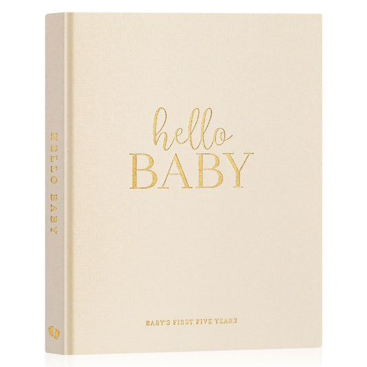 Lanpn Hello Baby First - Libro de recuerdos de 5 años para niño y niña, libro de lino de tapa dura para padres nuevos, diario para recién nacidos, álbum de recortes, álbum de fotos, libro de hitos