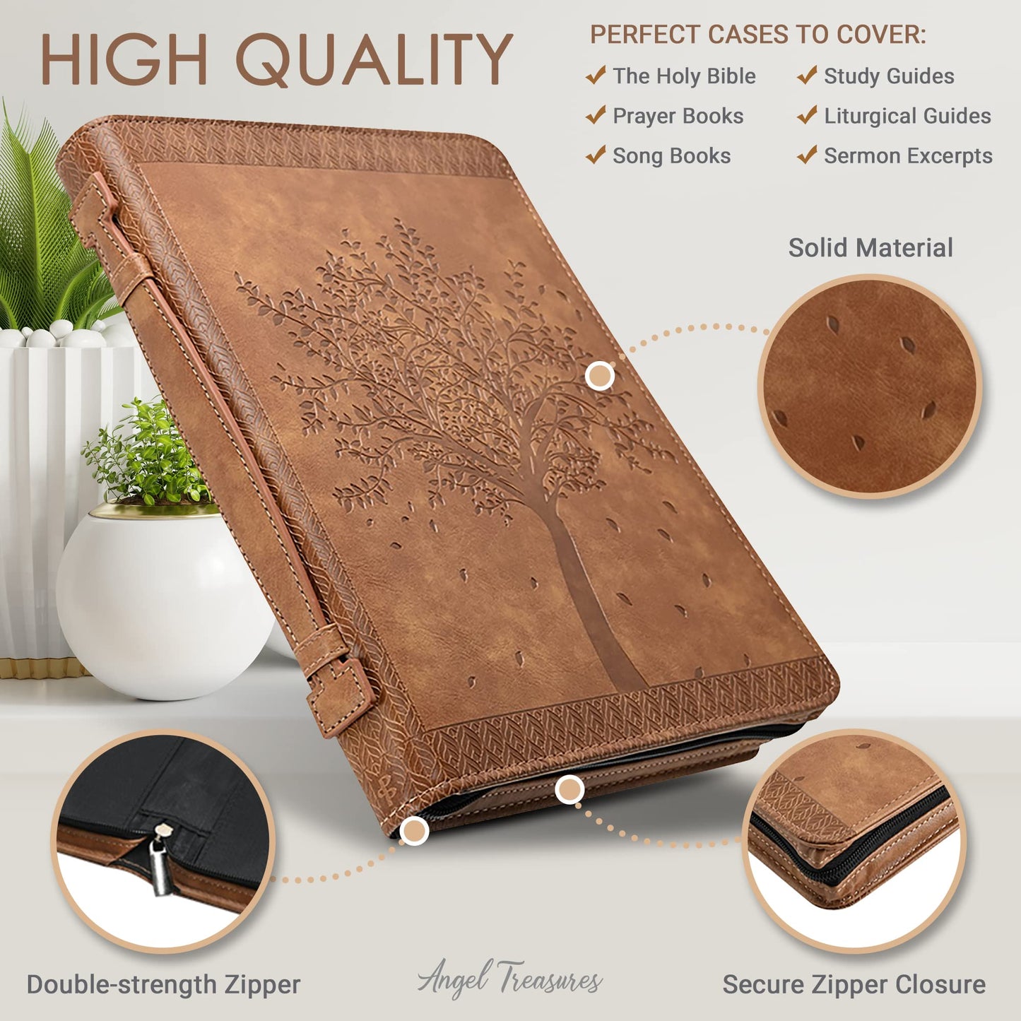 Funda de la Biblia 'Angel Treasures' con diseño de árbol de la vida grabado, funda protectora de piel sintética auténtica con asa, cremallera y ranuras para bolígrafo