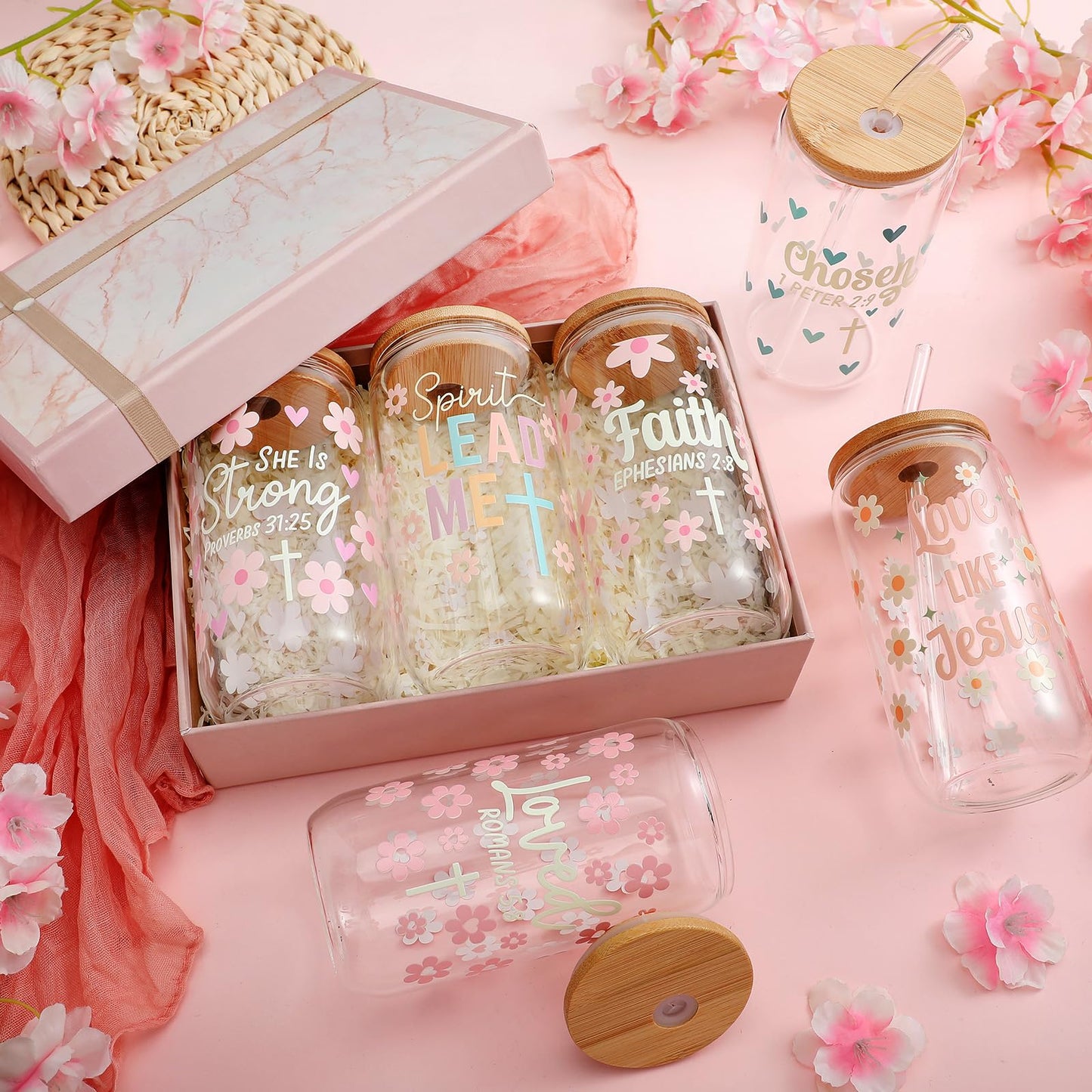 ▶ Juego de 6 tazas de café con texto cristiano de flores de 16 onzas, color rosa pastel, versículo de la Biblia, bonito vaso de café helado con tapa de bambú, para la escuela dominical y