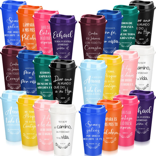 ▶ Tazas de café cristianas españolas de 16 onzas, reutilizables con versículo bíblico, vasos de plástico a granel con tapas, taza de viaje para el regreso a la escuela, regalos para profesores