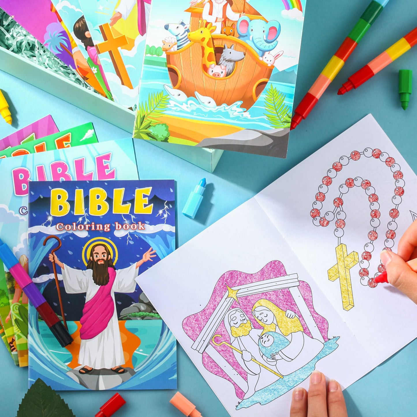 BenLouis - 12 libros cristianos para colorear para niños con 12 lápices de colores, versículo bíblico, religioso, pequeño libro para colorear a granel para niños, premios de la escuela dominical de