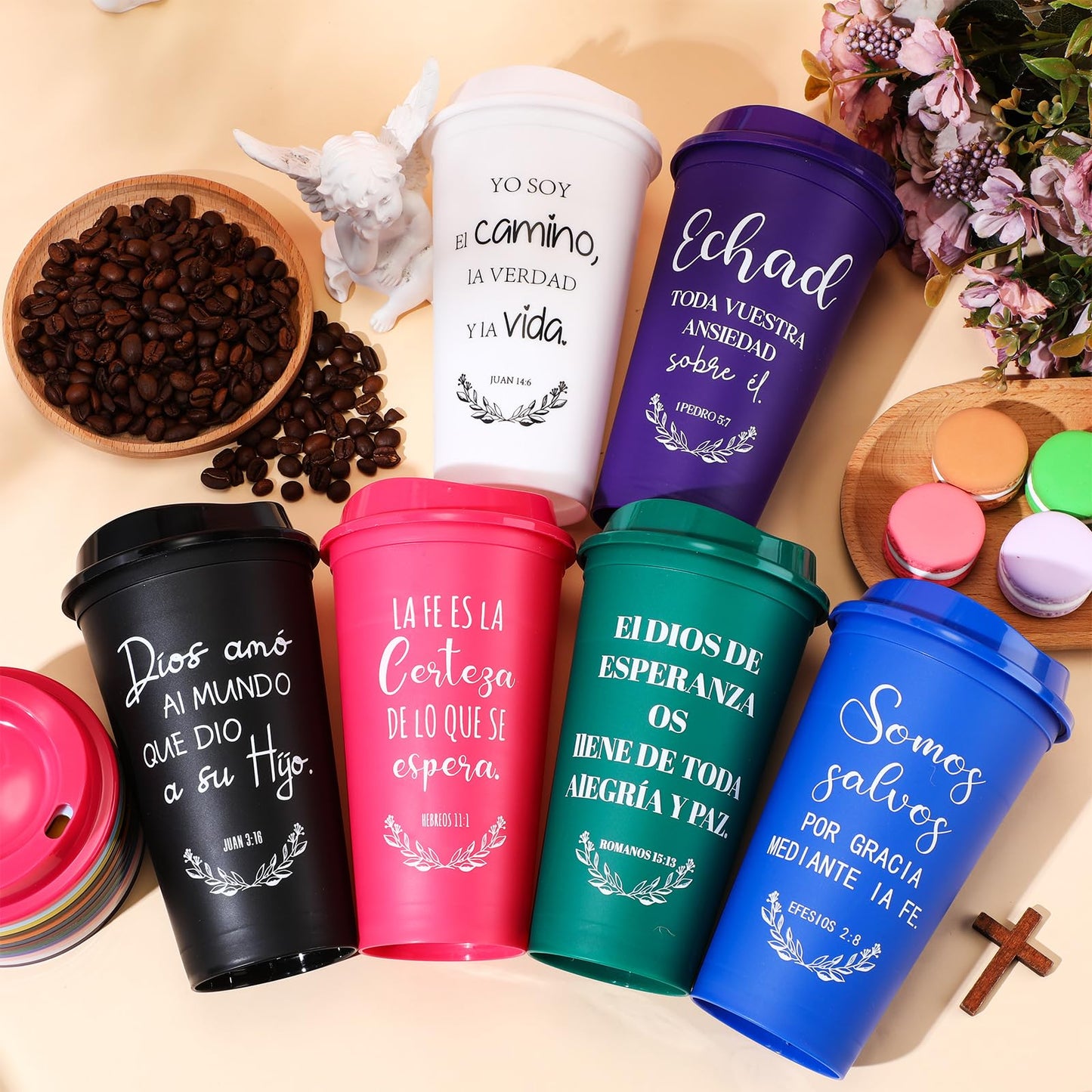 ▶ Tazas de café cristianas españolas de 16 onzas, reutilizables con versículo bíblico, vasos de plástico a granel con tapas, taza de viaje para el regreso a la escuela, regalos para profesores
