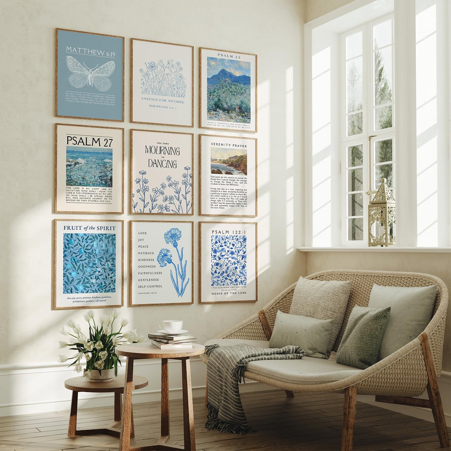 ▶  9 impresiones artísticas de pared con versículos de la Biblia azul cristiano, citas de escritura, carteles clásico, galería religiosa, decoración de pared, imágenes para sala de estar,