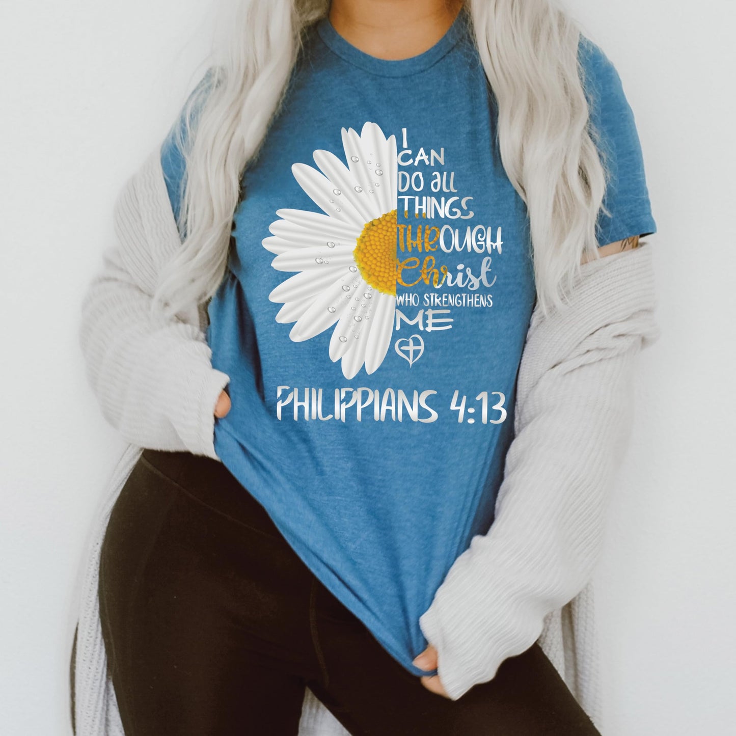 ▶ Love in Faith | I Can Do All Things Daisy | Camisas cristianas para mujer | Ropa basada en la fe | Regalos cristianos, jaspeado verde azulado profundo, Large