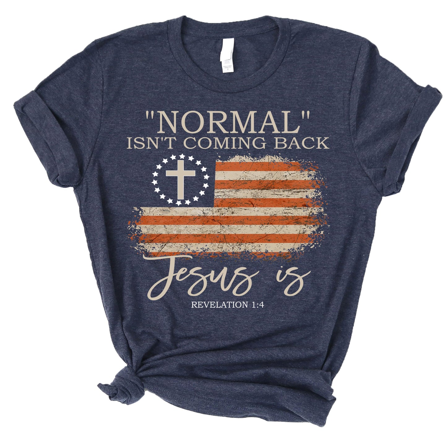 ▶ Love in Faith | Normal Isn't Coming Back | Camisetas cristianas para mujer | Ropa basada en la fe | Regalos cristianos, Azul marino (Heather Navy), X-Large