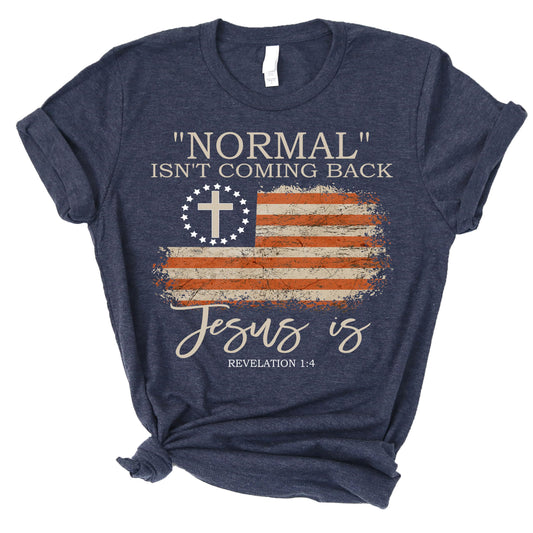 ▶ Love in Faith | Normal Isn't Coming Back | Camisetas cristianas para mujer | Ropa basada en la fe | Regalos cristianos, Azul marino (Heather Navy), X-Large