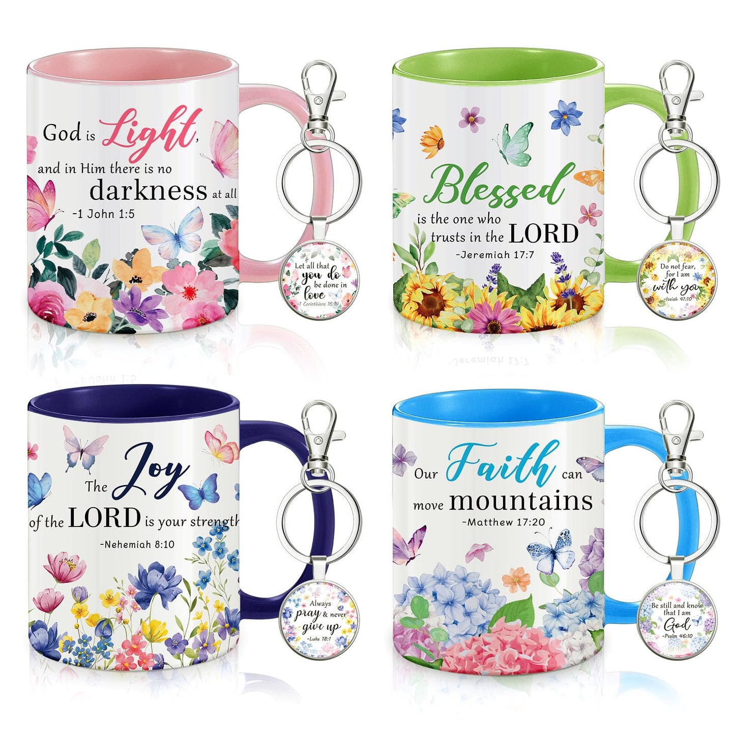 ▶ Juego de 4 tazas de café de cerámica para mujeres con versículo bíblico, juego de tazas de té cristianas, regalos inspiradores, diseño de flores de acuarela