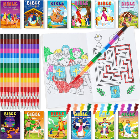 24 mini libros cristianos para colorear para niños con 24 lápices de colores, versículo bíblico, religioso, pequeño libro de dibujo a granel para niños, premios de la escuela dominical de Navidad